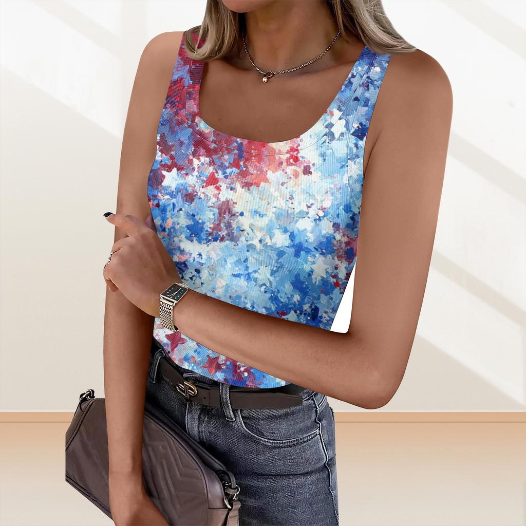 Women's Summer Fashionable Casual Independence Day Printed Round Neck Sleeveless Top Fitted Vest