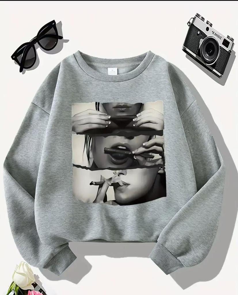 Cross-border Autumn/Winter Lip Print Loose Fleece Sweatshirt