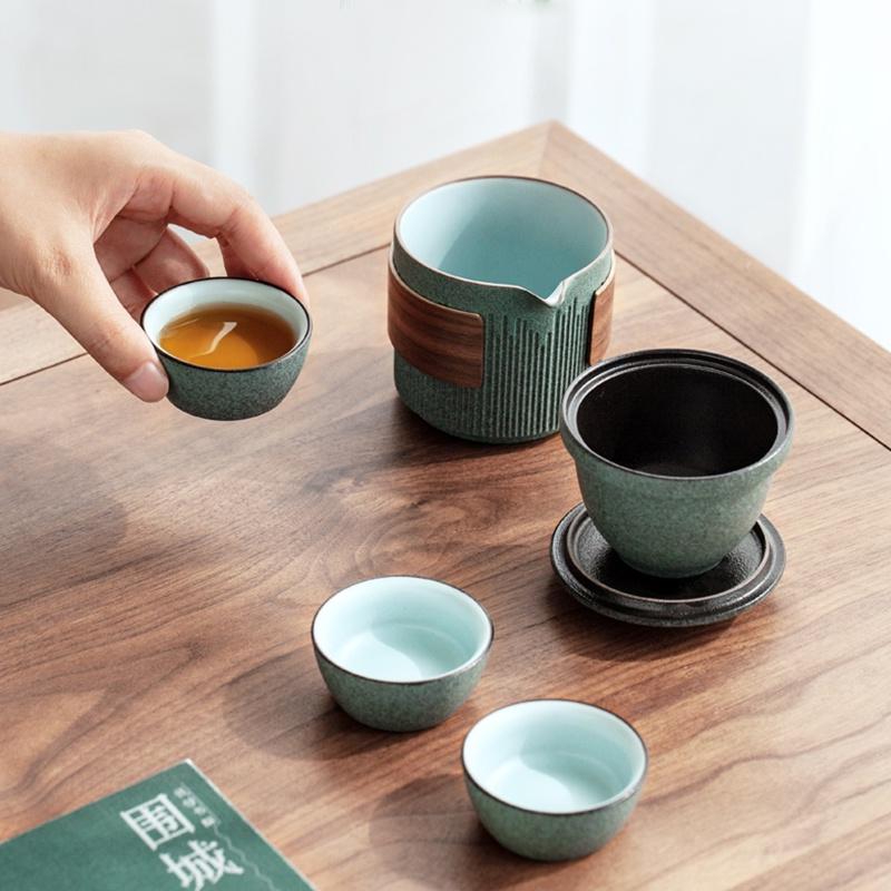 Bluestone Glaze Striped Ceramic Quick Tea Cup One Pot Three Cups Portable Kung Fu Tea Set