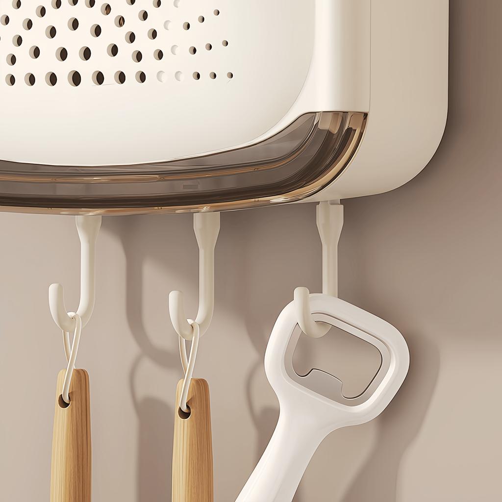 A Wall-Mounted Kitchen Chopstick Holder - a No-Drill Cutlery Storage Box with a Draining Tray, Multifunctional Kitchen Shelf with Hooks, Removable