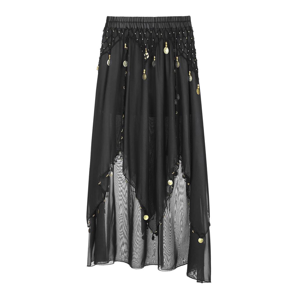 Ladies Sequin Beaded Belly Dance Skirt Chiffon Fabric Elastic Waistband Performance Costume Practice Dancewear