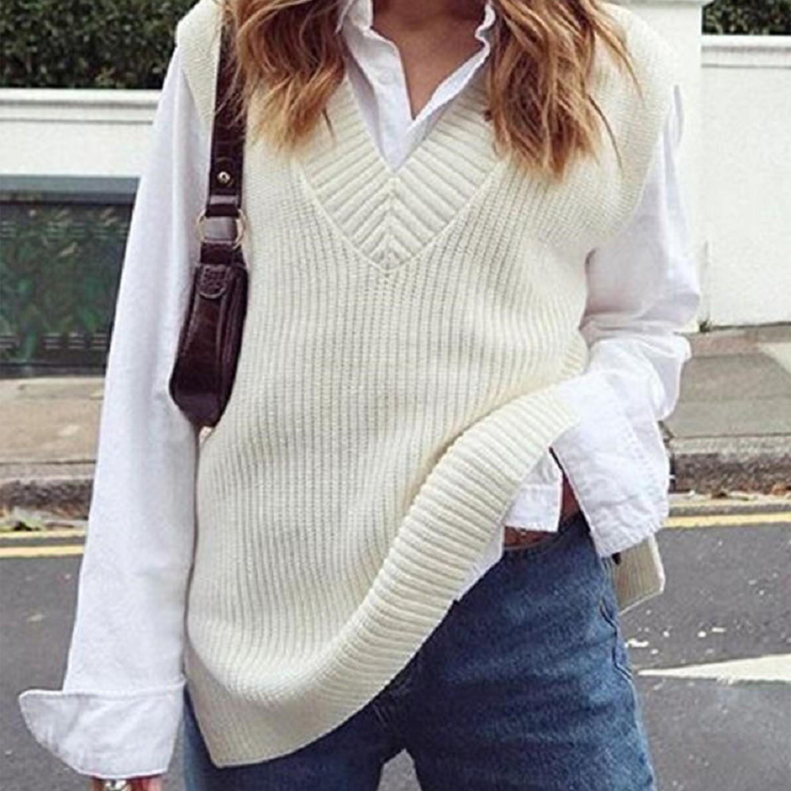 

Женская повседневная пуловерная рубашка с v-образным вырезом, цветной свитер без рукавов, жилет S белый