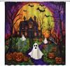 Decohalloween Shower Curtain,Spooky Ghost Gothic Castle Pumpkin Haunted House Festival Scary Purple Orange Bathroom Home