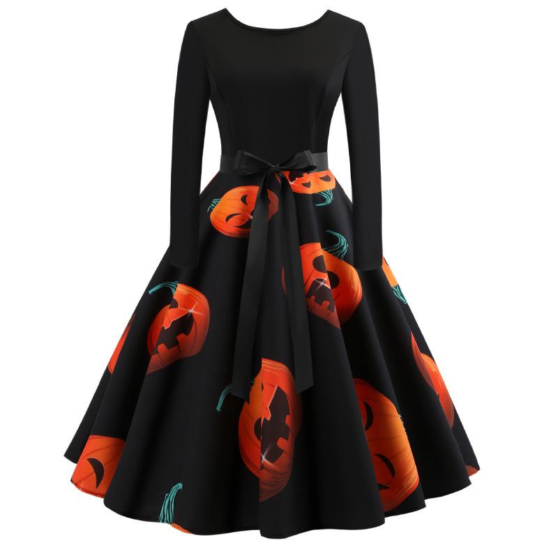Women's Vintage Festival Long A-line Skirt Printed Round Neck Long Sleeve Swing Dress