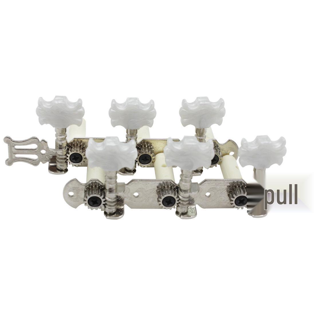 

Three-in-Line Classical Guitar Tuners with Flower Pattern Knobs and Wooden String Posts