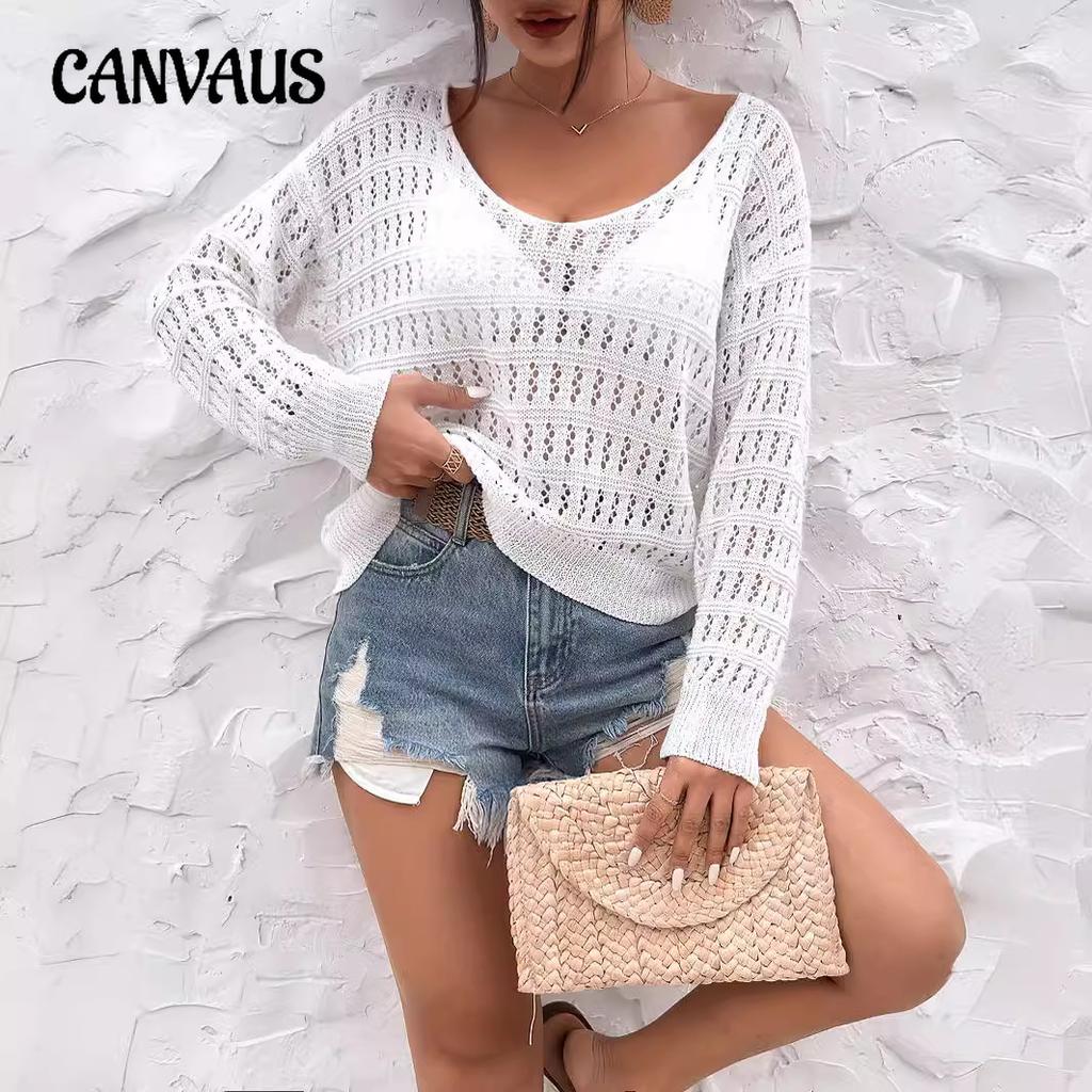 Frühling Sommer Strand Damen Häkeln Aushöhlen Trägerlos Großer Rundhals Langarm Pullover Gestrickte Tops Überzug