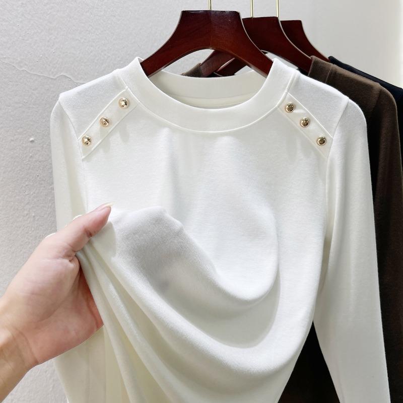 Button design imitation cashmere bottoming shirt women's round neck summer wear new women's clothing slim women's summer top