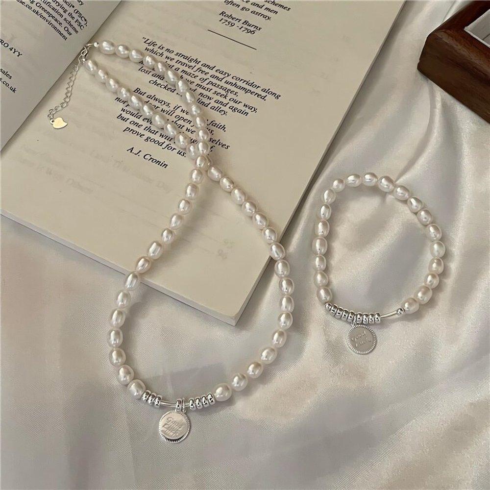 Women's Silver 925 Pearl Lucky Pendant Necklace Bracelet