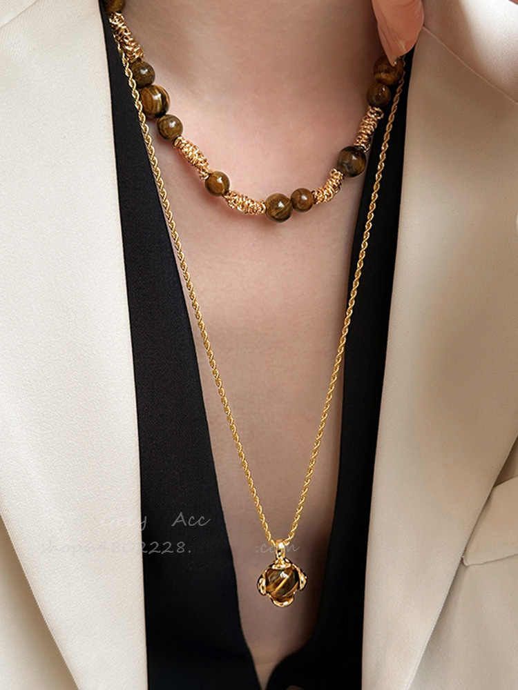 Retro Temperament Maillard Tiger's Eye Stone Pendant Necklace Women's Autumn and Winter Temperament Long Sweater Chain High-end Neck Chain