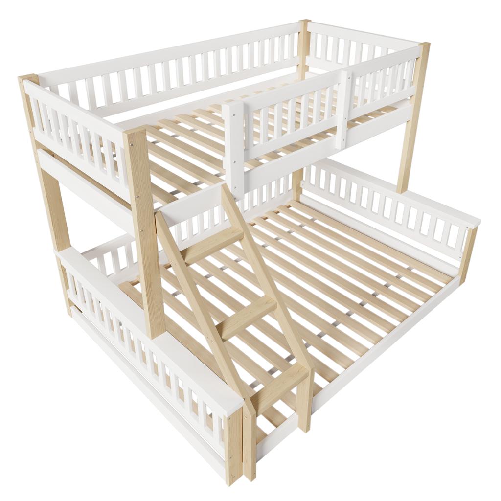 Bunk Bed, 90x200cm+140x200cm, Ladder, Bed Guard Rail, Simple Style, without Mattress, White + Natural