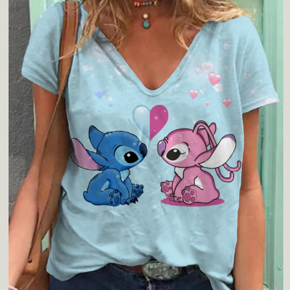 

Літня нова модна жіноча футболка Lilo&Stitch повсякденна коротка футболка Harajuku 3D друкована модна футболка V-подібним вирізом вулична вільна футболка великого розміру L