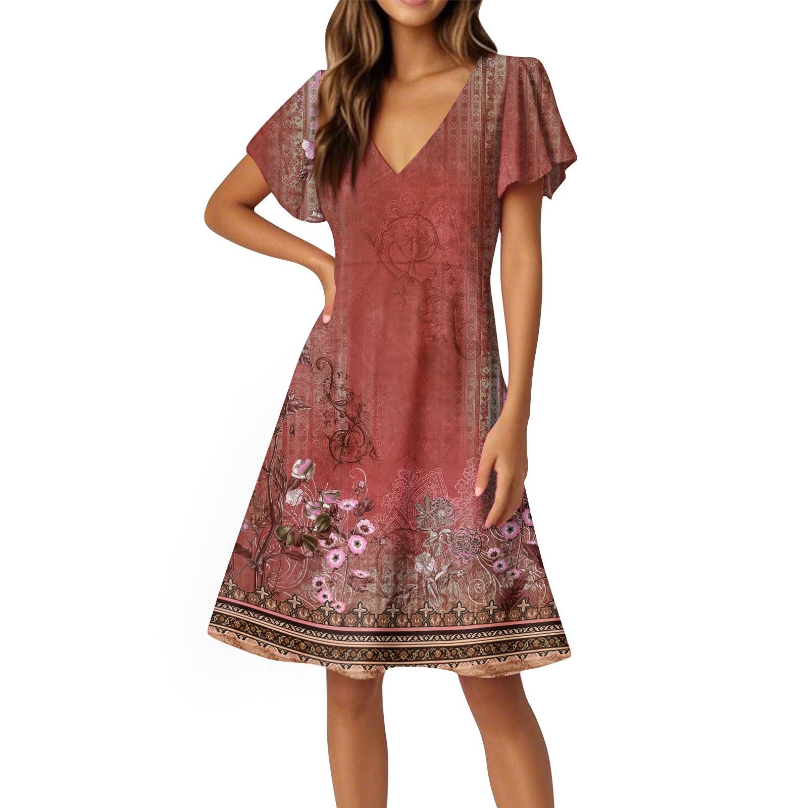 

Женское платье с расклешенным рукавом, коротким рукавом, повседневное платье с цветочным принтом и V-образным вырезом XL винный
