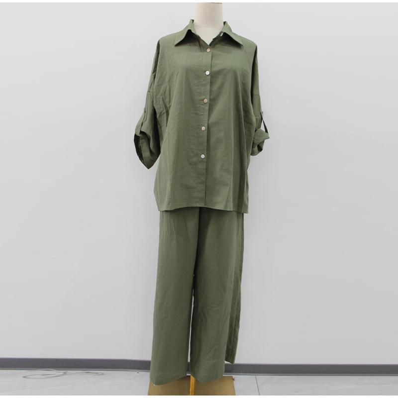 Women's Suit Solid Color Cotton Linen Two Piece Set Spring Summer Fashion Button Shirt + Pants Sets Casual Loose Style 2 Piece Outfit
