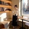 Long Sleeve Spliced Ruffle Flower V Neck T Shirt For Women Spring Slim Fit Top