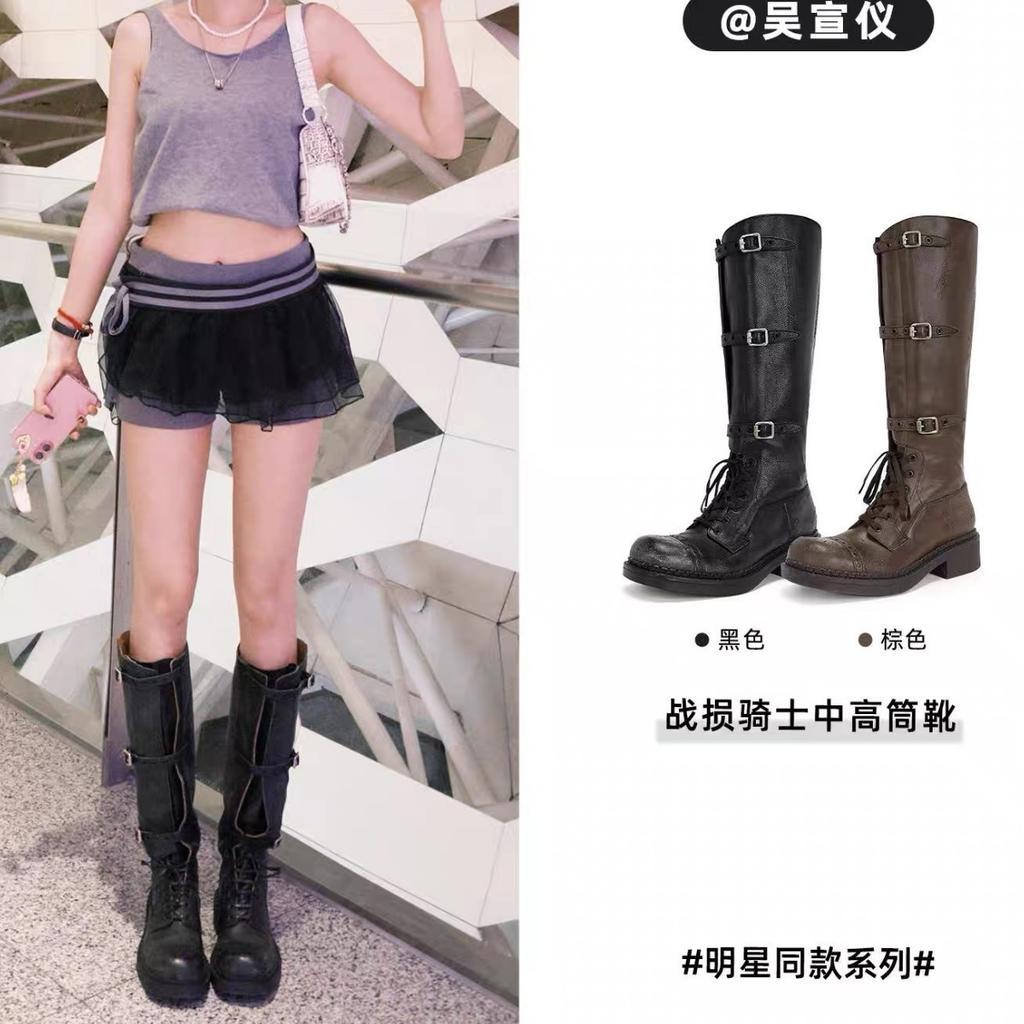 Cowhide Version Miu Home Thick-soled Heightening Boots Long Boots Women's Autumn and Winter High Knight Boots Wide Cowboy Boots