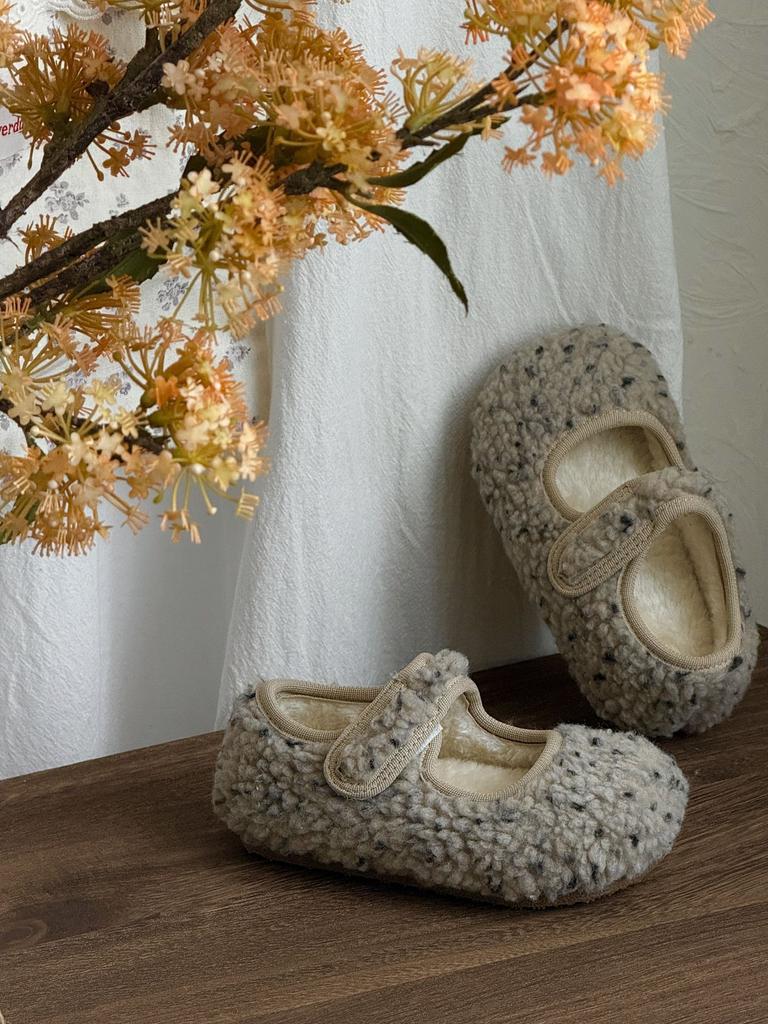 XSHX Leopard Print Woolen | Girls Mary Jane Autumn and Winter Velvet Warm Velcro Anti-skid Function Thin Bottom