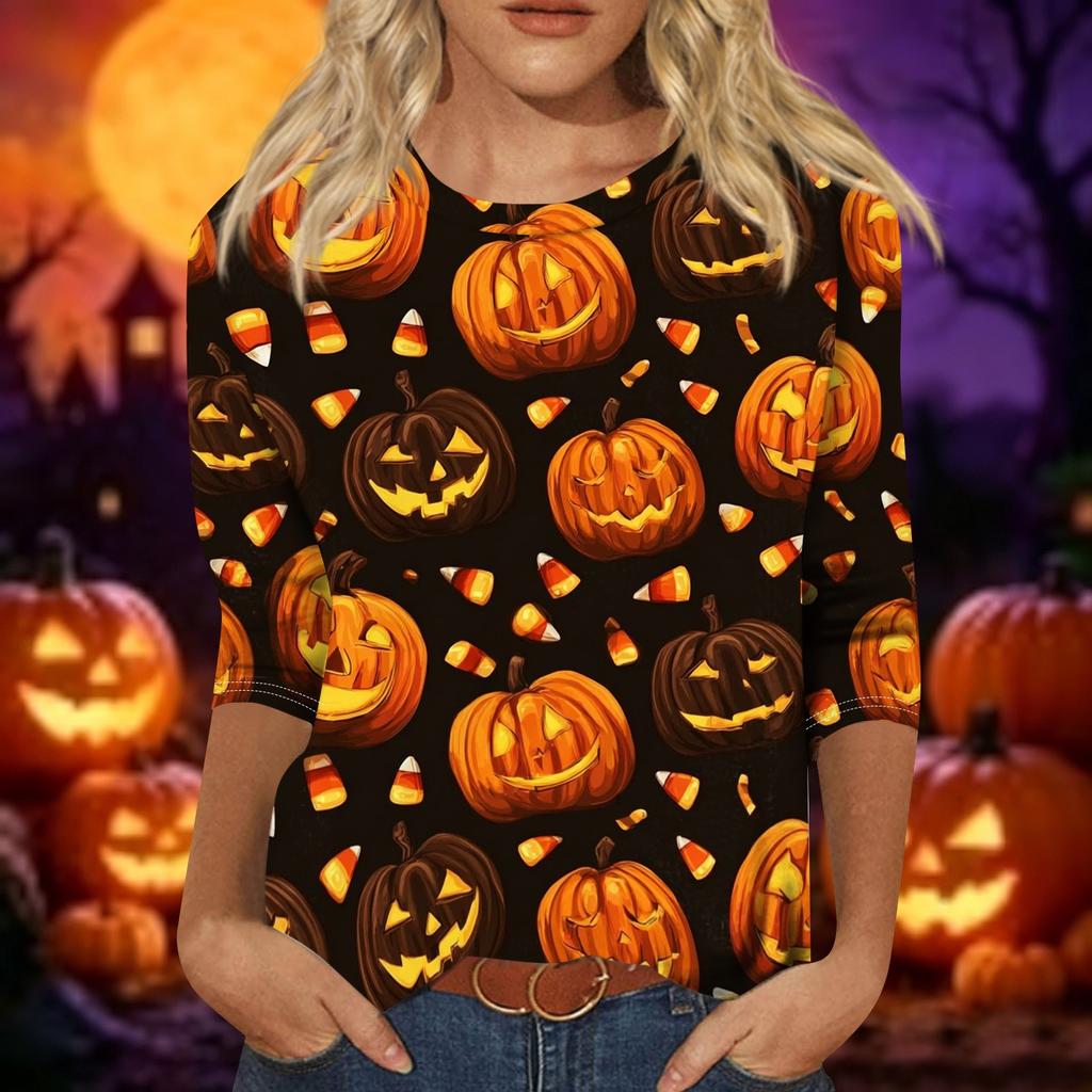 Women Casual 3/4 Sleeve Halloween Print Pullover Top Round Neck Lightweight Soft Fabric Comfortable Fit