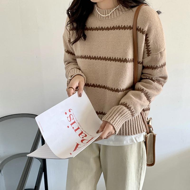 Korean Style Crew Neck Pullover Stripes Women's Sweater Autumn Winter Fashion New Casual Loose Long Sleeved Knitted Tops Office Lady Elegant Clothing