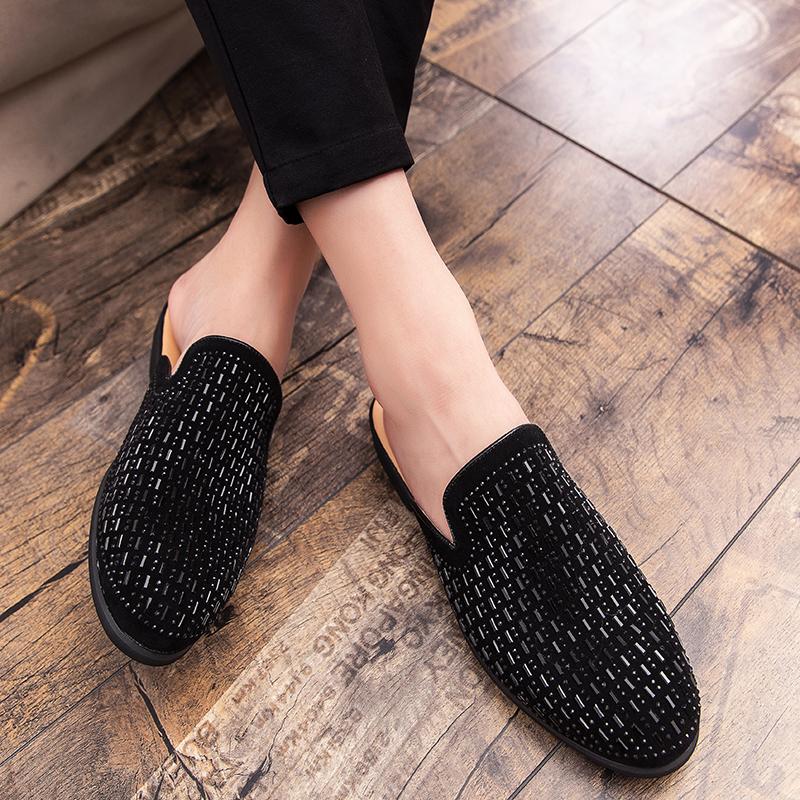 New Men's Charm Rhinestone Half Slippers Black Gold Shoes Male Casual Mules Moccasins Breathable Loafers Zapatos Hombre