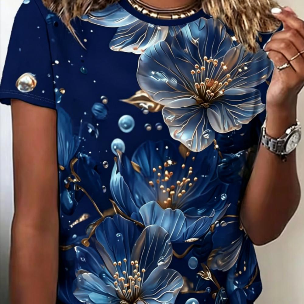 Sommer Damen 3D-Druck Rundhals T-Shirt Mode Vielseitig Atmungsaktiv Trend Lässig