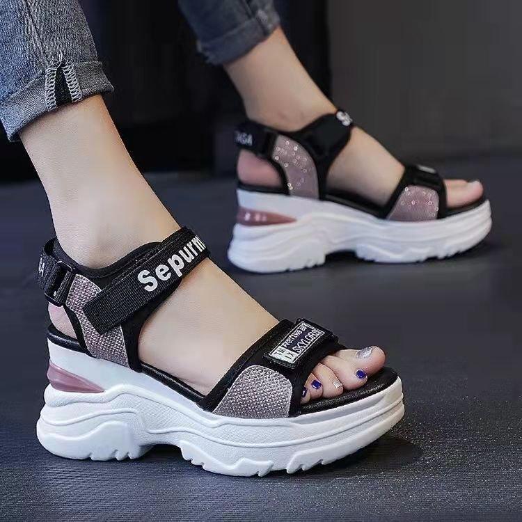 Platform sports sandals women 2025 summer new Internet celebrity slope heel muffin bottom casual student Velcro Roman shoes
