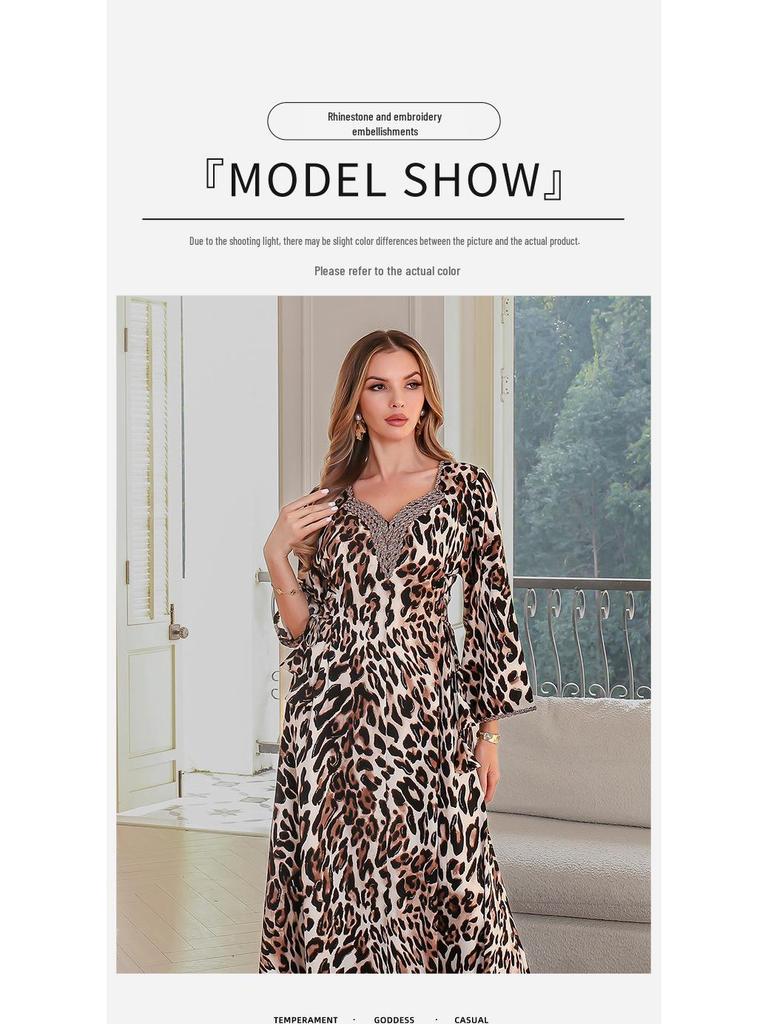 Leopard Print Abaya Dress - Elegant All-Season Middle Eastern Muslim Women's Robe