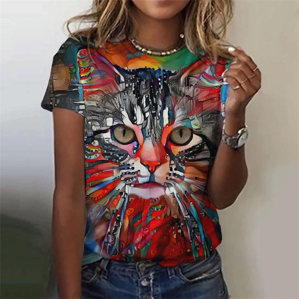 3D Printed Funny Cat T-Shirt For Women Cool Animal Graphic T Shirts Summer Harajuku Loose Tees Short Sleeves Round Neck Tops