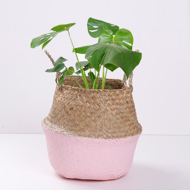 

M-1Pc Foldable Weaved Storage Basket With Handle Rattan Laundry Toys Sundries Organizer Flower Pots Container Supplies