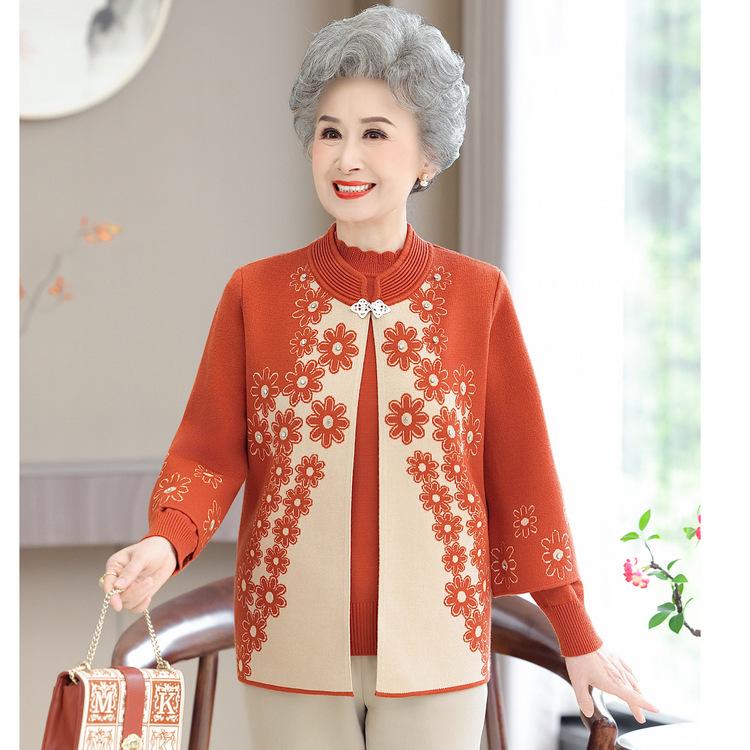 Middle-aged and Elderly Women with Velvet Tops In Winter, Mother's Autumn Wedding Banquet, Tang Suit Cardigan and Grandma's Sweater Two-piece Suit