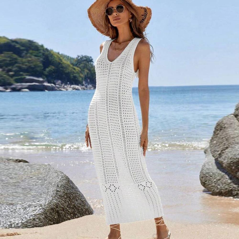 Damen V-Ausschnitt Ärmelloses Maxikleid Normale Passform Strandstil Häkelmuster Durchbrochener Überwurf