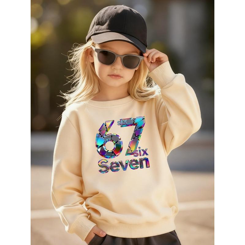 Birthday Gift For Kids Aged 4-12 Rainbow Shattered Mirror Holographic Number 67 SIX SEVEN Graphic Sweatshirt Unisex Boys Girls Black Soft