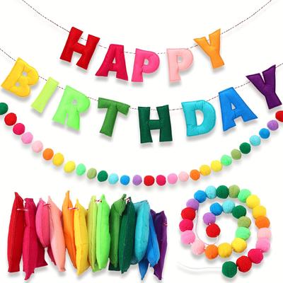 Colorful Pre-Strung Happy Birthday Banner Set with 24 Felt Balls Rainbow Fabric Garland.