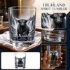 Highland Bull Glass Whiskey Tumbler 2026 Commemorative Edition Featuring Detailed Scenic Print Suitable for Spirits and Cocktails Glassware
