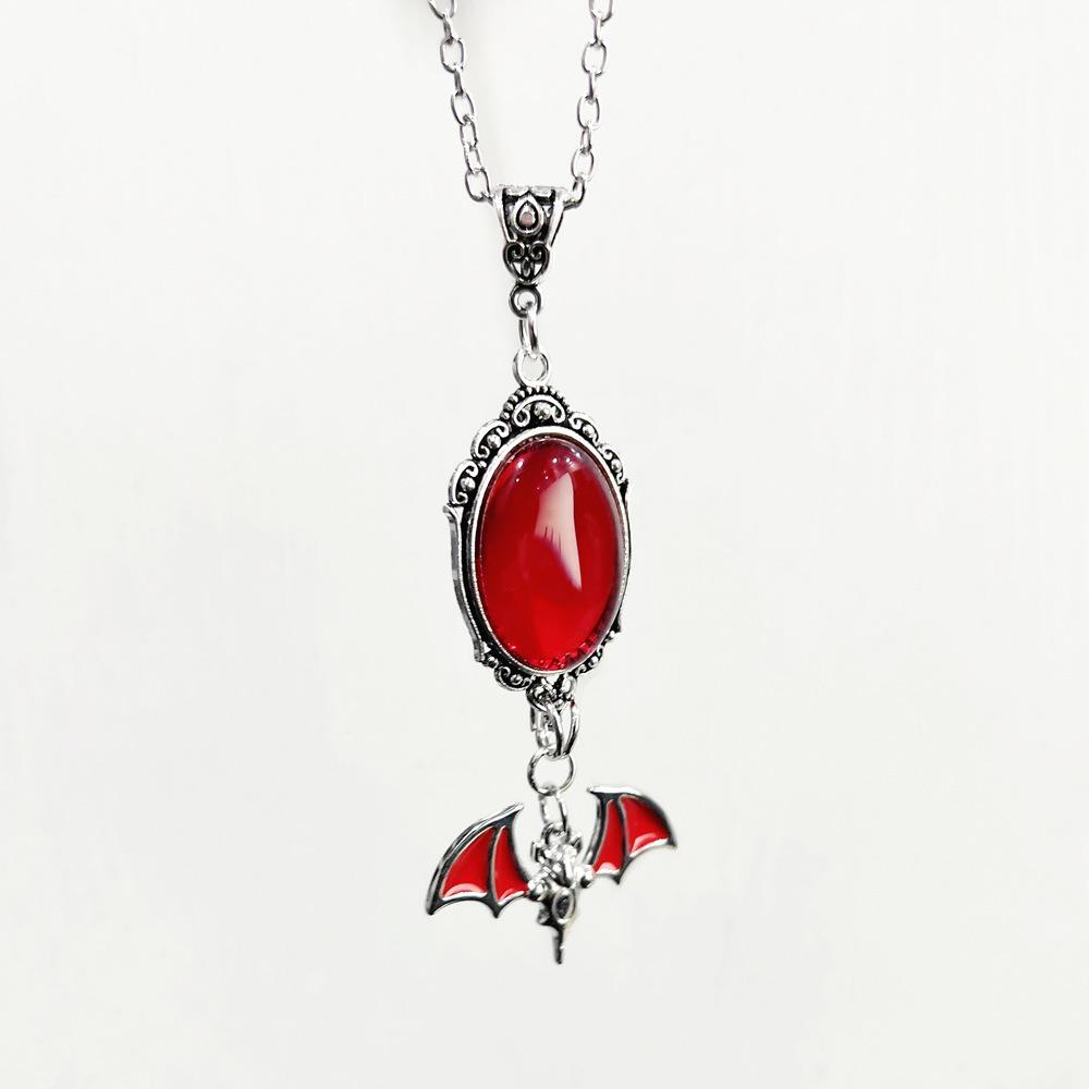 Gothic Vampire Bat Geometric Relief Ellipse Red Crystal Pendant Necklace for Women Halloween Party Charm Witch Jewelry Gifts