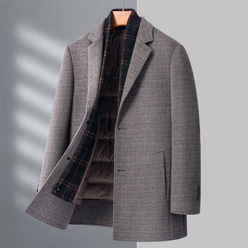 Winter double-sided woolen coat for men, middle-aged dad, suit collar, thick top, down lining, woolen woolen coat
