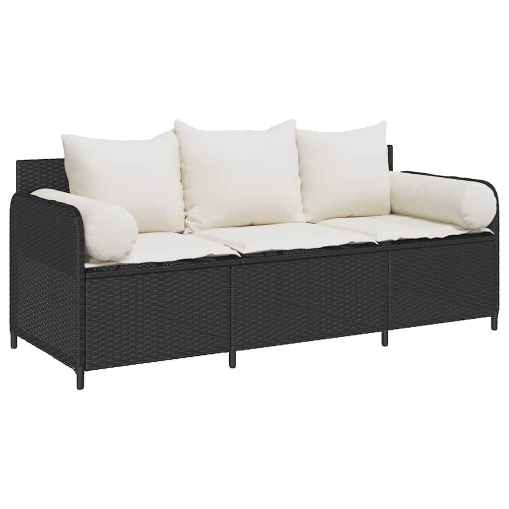 Gartensofa mit Kissen 3-Sitzer Schwarzes Poly-Rattan
