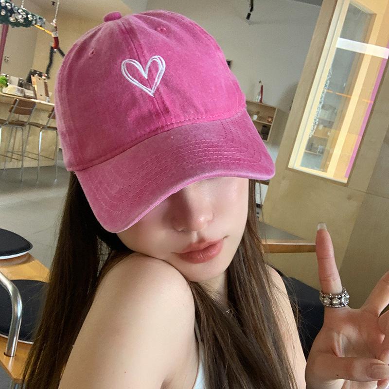 Washed Baseball Cap Women Dad Hat Vintage Embroidery Love Heart Sweet Soft Top Adjustable Sunshade Casual Sun Hat Outdoor Caps