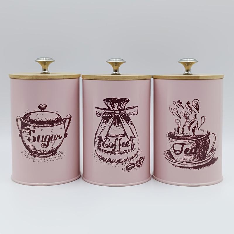 3Pcs Canister Set for Kitchen Counter, Coffee Sugar Tea Canister, Metal Vintage Kitchen Containers, Food Storage Containers розовый