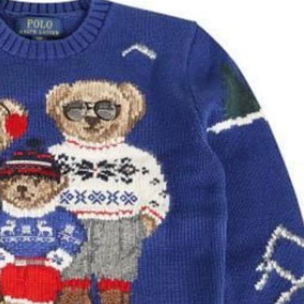 Polo Ralph Lauren Sweater Kids Bear Embroidery Pattern Crew Neck Pullover Long Sleeve Kids Sweater Blue 323951422-001