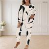 Women Plus Size Blue White Printed Two Piece Set Round Neck Long Sleeve Longline Top Fitted Pants