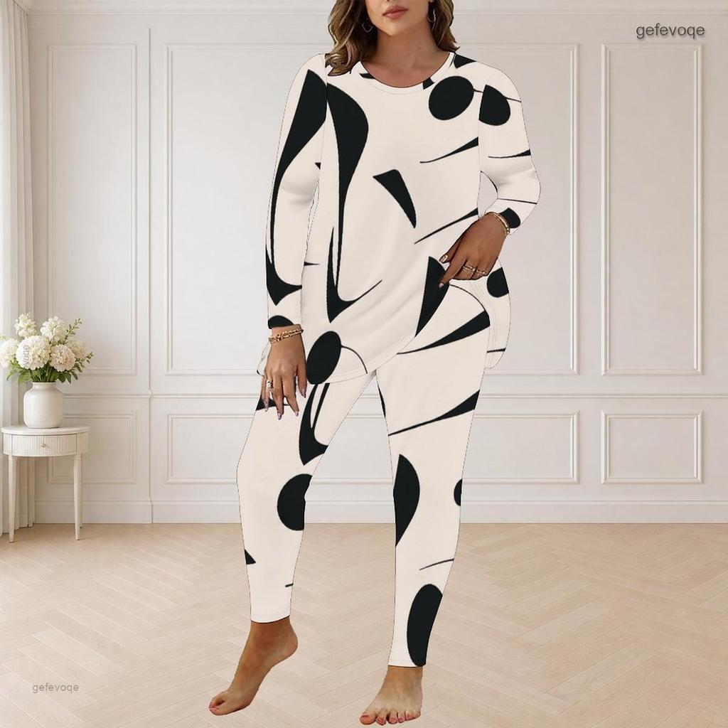 Women Plus Size Blue White Printed Two Piece Set Round Neck Long Sleeve Longline Top Fitted Pants