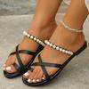 Fashion Luxury String Bead Decor Low Heel Slippers Women Weightlight Soft Sole Black Slides Woman Summer Beach Non Slip Slippers Mujer
