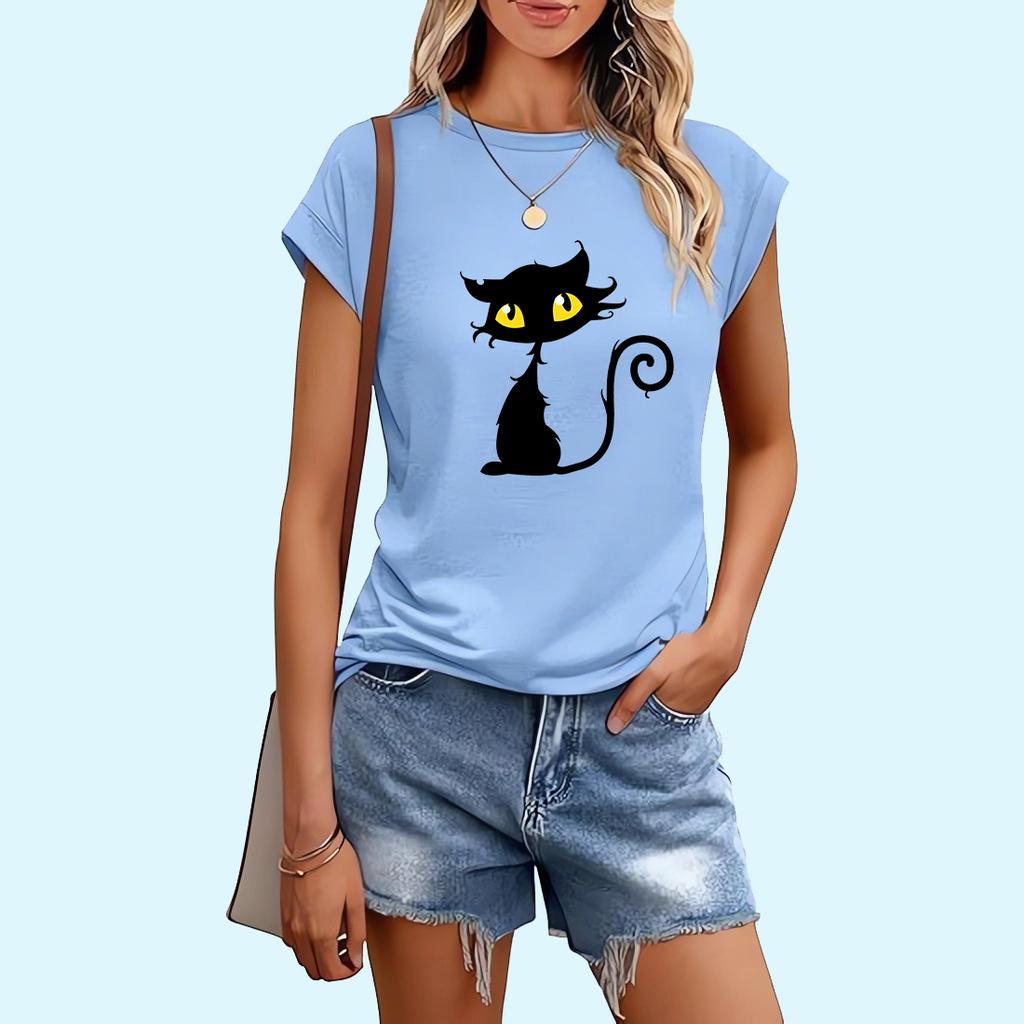 Women Fashion Cat Print T-shirt Sring&summer Casual Ladies Round Collar Tee Shirt