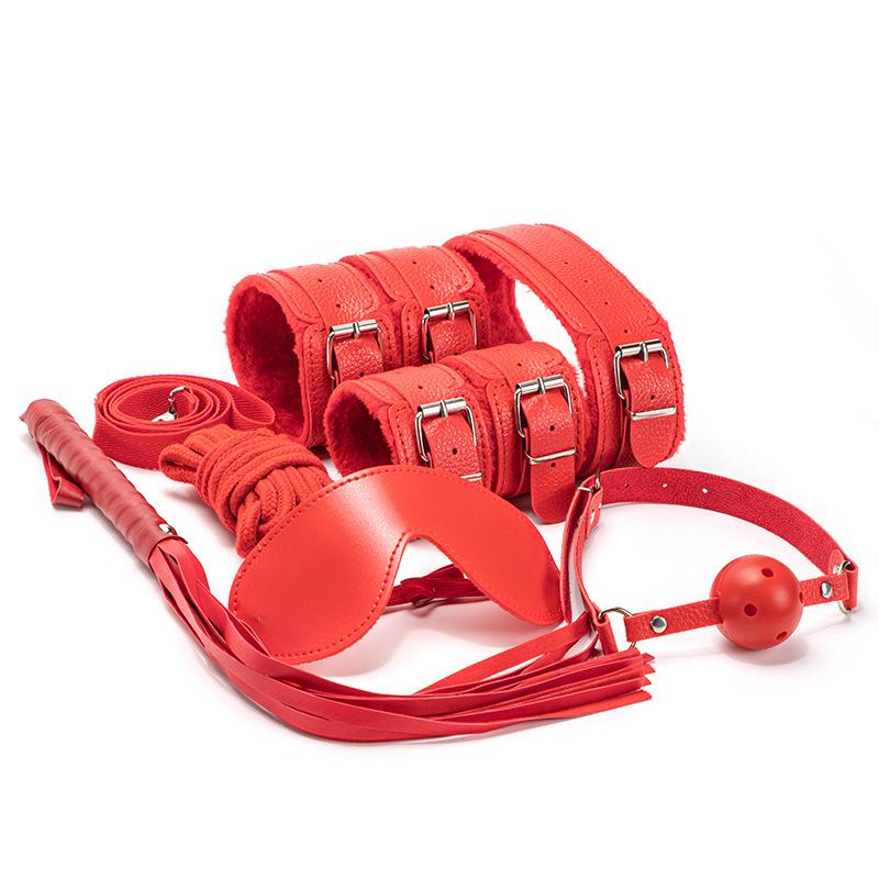 7-Piece Erotic SM Set: Plush Handcuffs, Leather Whip, Binding Restraints & More.