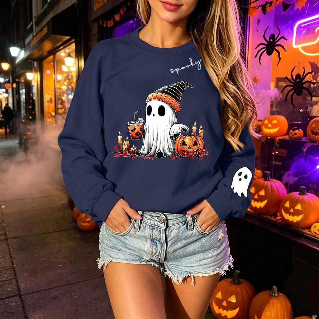 Unisex Halloween Print Long Sleeve Neck Sweatshirt, Lightweight Pullover Casual Top for Men and Women