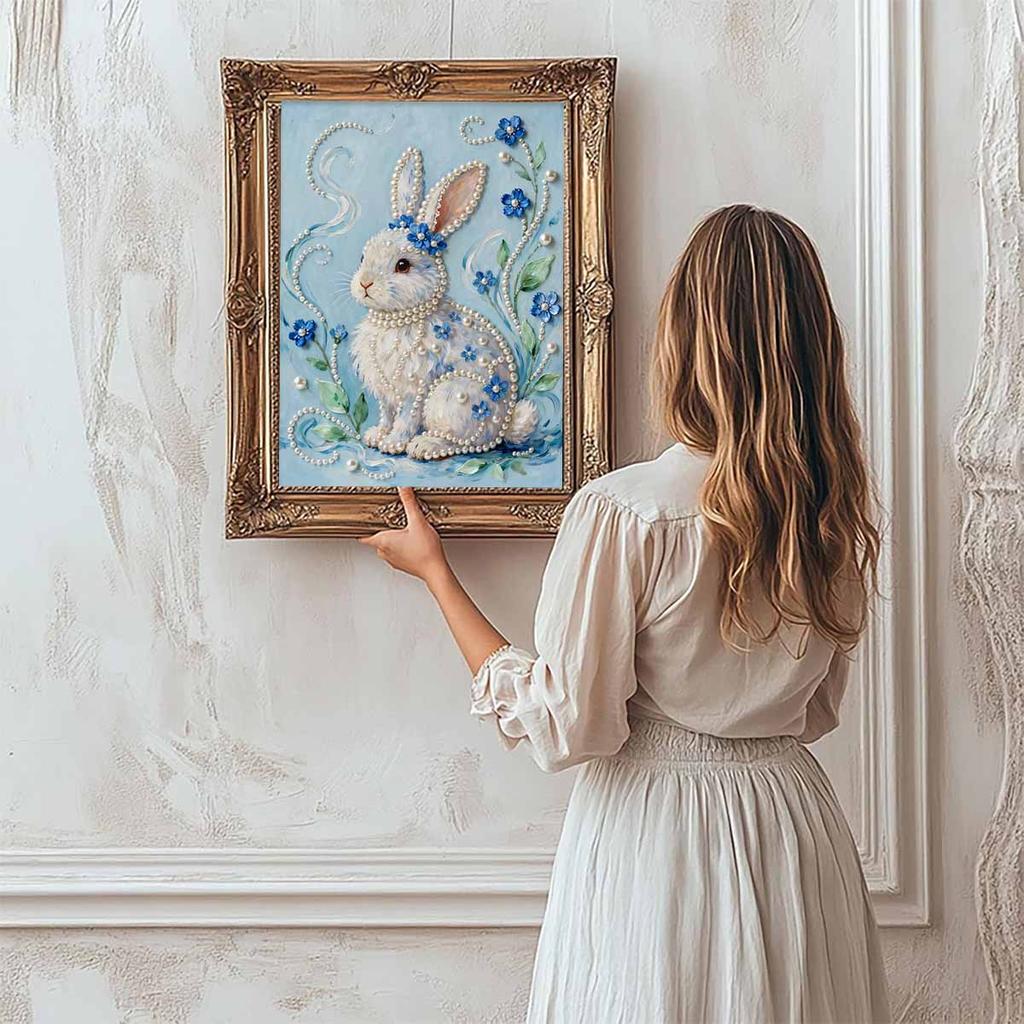 Crystal Pearl Painting 5D DIY Frame Decoration Painting White Rabbit Home Wall Decoration Transparent Pearl Gemstone Painting Picture Art Crafts