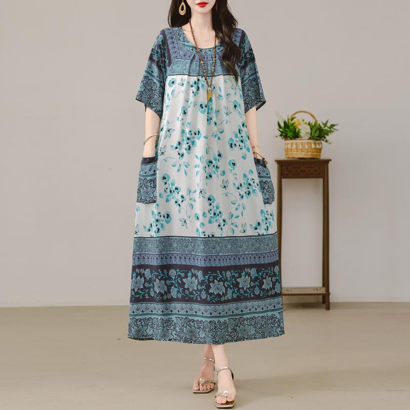 Women's Plus Size Maxi Dress, Boho Print Loose Short Sleeve Casual Dress with Pockets (XL-5XL)