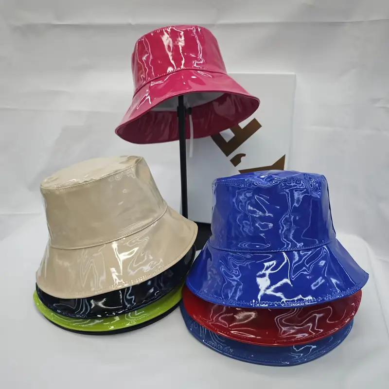 Women Hiphop Hat PU Leather Hat Reversible Bucket Caps Solid Colors Female Gorros