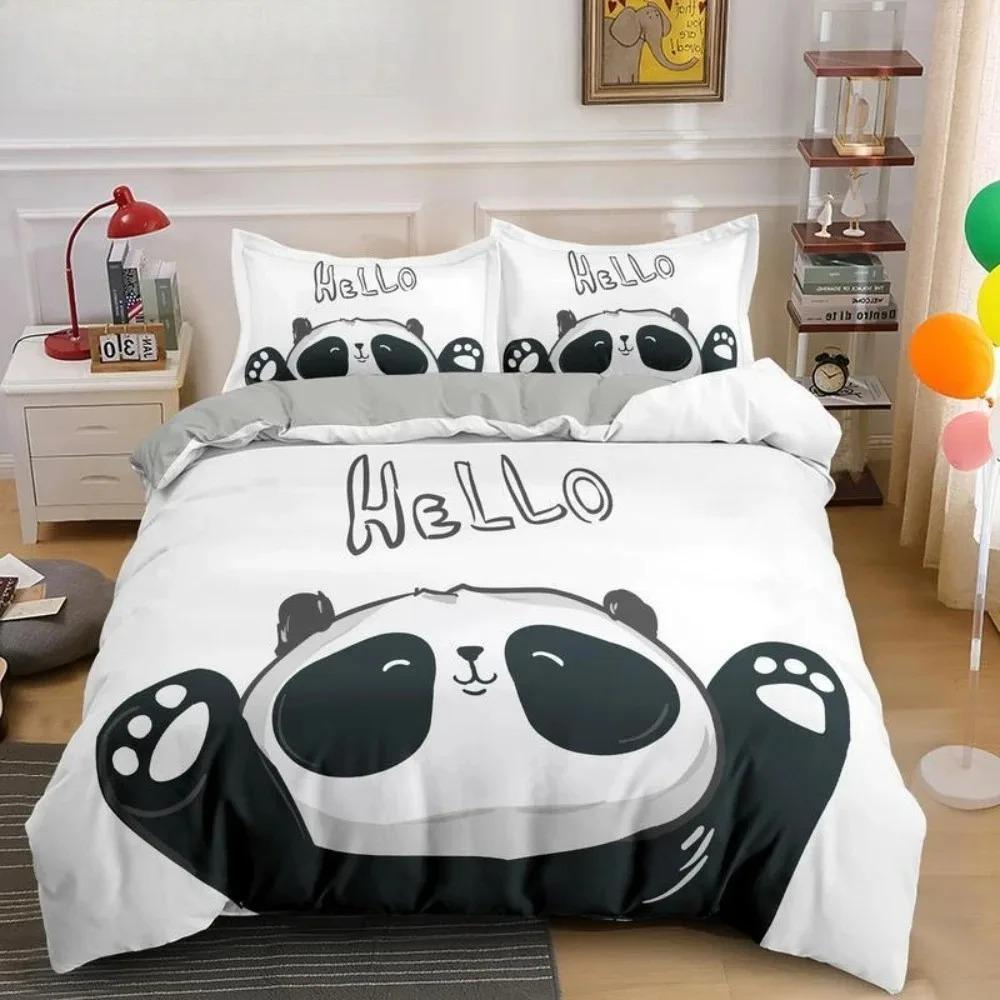 Cartoon Panda 3D Print Bedding Set White Kids Girls Duvet Cover Gift - 2/3pcs Twin Single Queen King Sizes Available