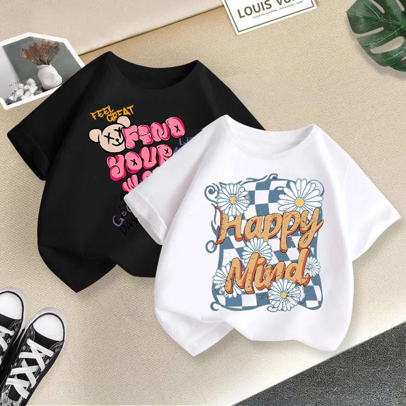 Children T-shirt Cute Cat Printed Kids 100% Cotton Clothes Tops 2-13Y Loose-fit Casual  O-Neck Short-sleeve T-shirt